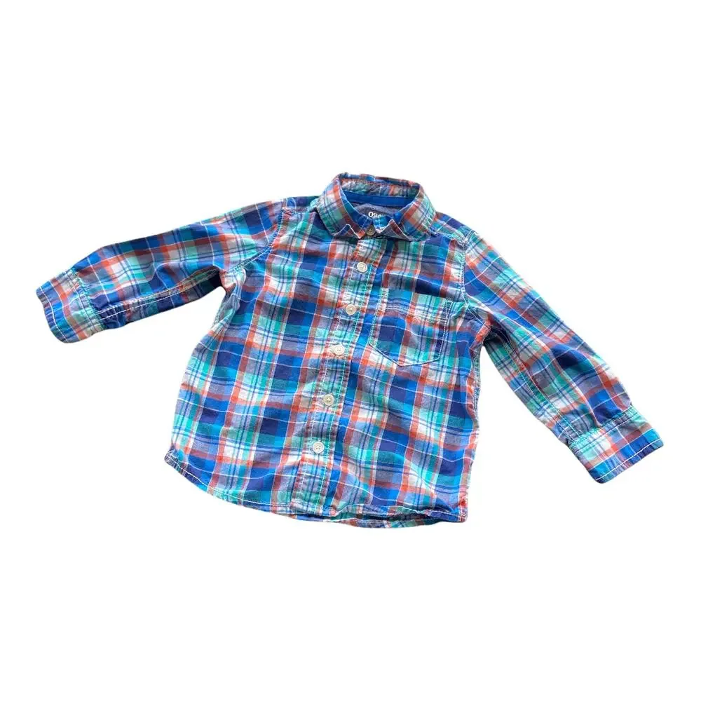 OshKosh Orange Blue Aqua Plaid Dress Shirt 2T‎ Long Sleeve Spring Easter Fall